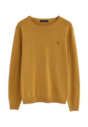 Sennepsgul langærmet rundhalset sweater med ribsede manchetter og kant, med en lille sort polo-spiller logo på brystet.