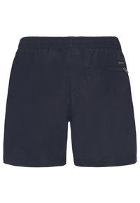 Marineblå herre badebukser med elastisk talje og lynlåslomme på højre bagside.