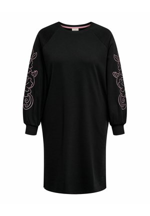 Juoda suknelė ilgomis rankovėmis, apvaliu iškirpte ir rožinės gėlėmis siuvinėtais raštais abiejose rankovėse, su susmaugtomis rankovių apačiomis.