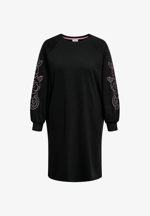 Must pikkade varrukatega kleit ümarate kaelusega, roosade lillemustriliste tikanditega mõlemal varrukal, kokku kogutud mansettidega.