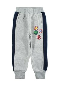 Pantalon de jogging gris avec des panneaux latéraux bleu marine, comportant cinq écussons colorés de super-héros à l'avant. Confectionné en tissu doux, avec des poignets élastiques.