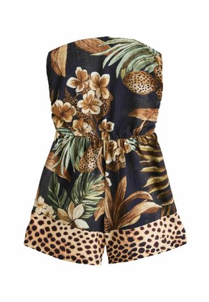 Overal s kvetinovým vzorom na tmavom materiáli, zdobený zelenými listami a hnedými kvetmi. Leopardí vzor na leme. Elastický pás.