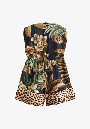 Overall mit floralem Muster aus dunklem Stoff, das grüne Blätter und braune Blumen zeigt. Leopardenmuster-Akzente am Saum. Elastischer Bund.