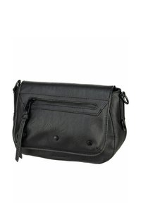 Borsa a tracolla in pelle nera con tasca frontale con zip, superficie testurizzata, forma arrotondata e borchie decorative nere sul fondo.
