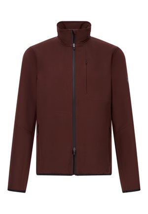 Brown soft-shell jacket with a high collar, front zipper, and side pockets. Features a chest pocket with a zipper and contrasting accents.