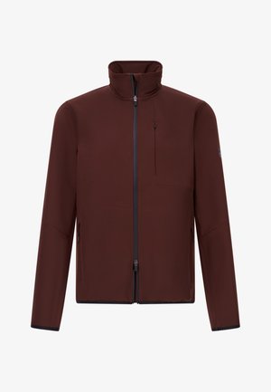 Brown soft-shell jacket with a high collar, front zipper, and side pockets. Features a chest pocket with a zipper and contrasting accents.