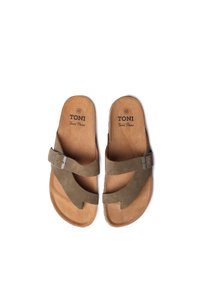 Brown suede sandals with two adjustable straps and a silver buckle, featuring a cushioned leather insole and a contoured shape.