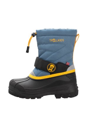 Child's blue winter boot with black sole, yellow trim, adjustable strap, drawstring top, and Norwegian flag patch on the side.