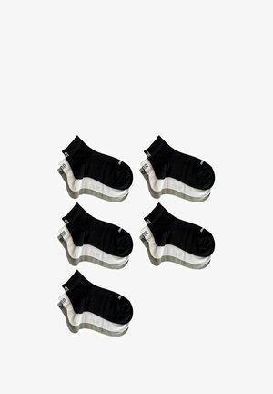 Five pairs of ankle socks featuring a black upper, a white and gray stripe at the bottom, and ribbed cuffs.