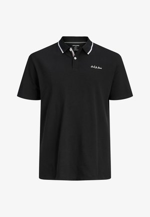 Czarny polo z krótkim rękawem z dwoma białymi guzikami, białym obszyciem na krawędziach kołnierzyka oraz małym białym logo "Jack & Jones" na lewej piersi.