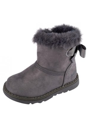 Gray suede ankle boot with fur trim, flat sole, and decorative ribbon bow at the back, designed for cold weather.