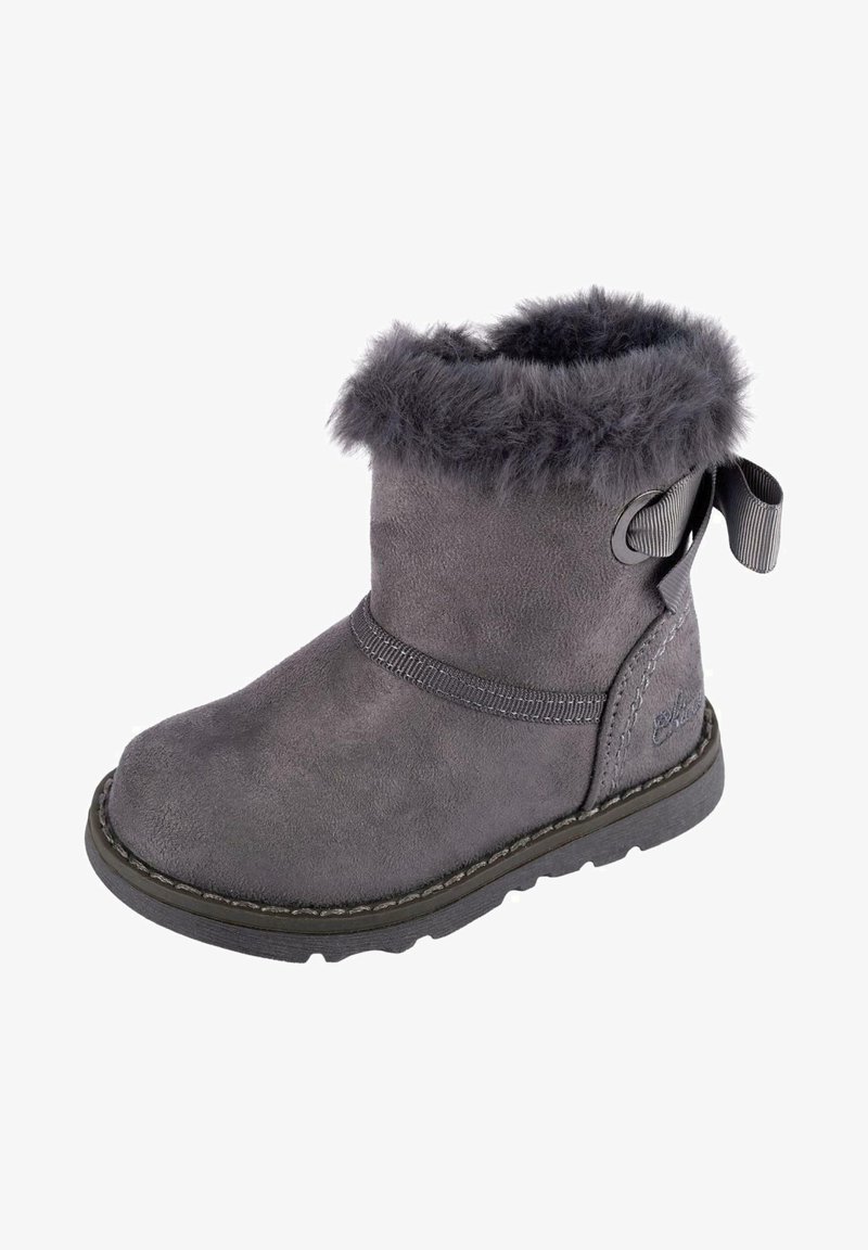 Bottine en daim gris avec bordure en fourrure, semelle plate et nœud ruban décoratif à l'arrière, conçue pour le temps froid.