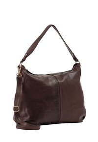 Borsa a spalla in pelle marrone con una sola tracolla regolabile, dotata di chiusura con zip e superficie liscia, accentuata da hardware color oro.