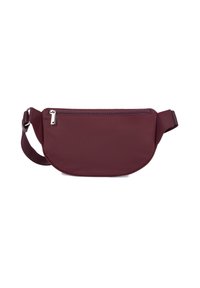 Borsa a tracolla in nylon bordeaux con forma curva, compartimento principale con zip, tracolla regolabile e texture liscia. Accentata da hardware argentato.