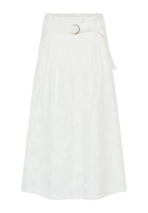 White midi skirt with subtle floral pattern, high waist, pleats, and matching fabric belt with double metal ring buckle.