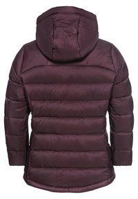 Giacca a vento bordeaux con cappuccio, caratterizzata da ampie sezioni trapuntate orizzontali e una texture liscia e lucida. Nessun dettaglio hardware visibile.
