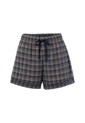 Dunkelgrüne und rosa karierte Shorts mit elastischem Bund und dunkelblauem Kordelzug, entworfen für Freizeit- oder Loungebekleidung.