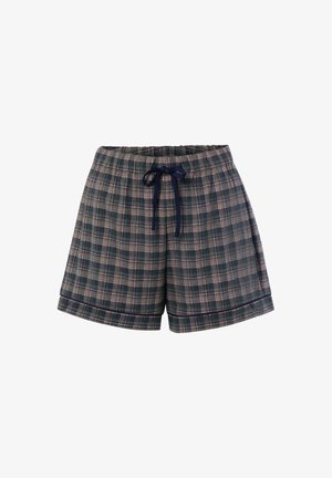 Dunkelgrüne und rosa karierte Shorts mit elastischem Bund und dunkelblauem Kordelzug, entworfen für Freizeit- oder Loungebekleidung.