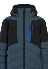 Gepolsterte Jacke in Dunkelgrau und Schwarz mit einer Brusttasche mit Reißverschluss, die einen blauen Reißverschluss hat. Kapuze mit Kordelzug und strukturierten Stoffpaneelen.
