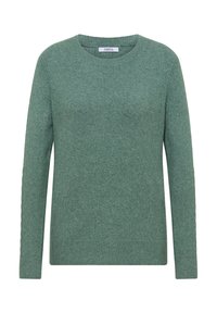 Maglione verde a maglia con collo rotondo, maniche lunghe e orlo a coste. Presenta una texture morbida e un motivo delicato lungo le maniche.