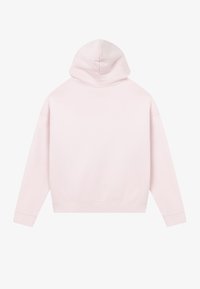 Sweat à capuche rose clair à manches longues vu de dos avec un design simple sans logos ni motifs visibles.