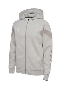 Sweat à capuche zippé intégral gris clair avec capuche attachée, poignets et ourlet côtelés, panneaux gris foncé inclinés aux épaules et logo sur la poitrine gauche.