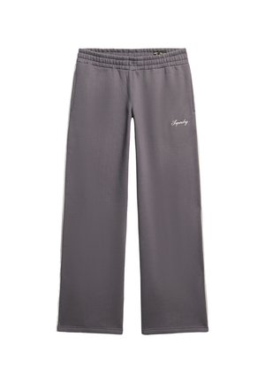 Pantalons de jogging gris avec une coupe décontractée et jambes larges. Comprend une taille élastique, des poches latérales et une couture décorative blanche.