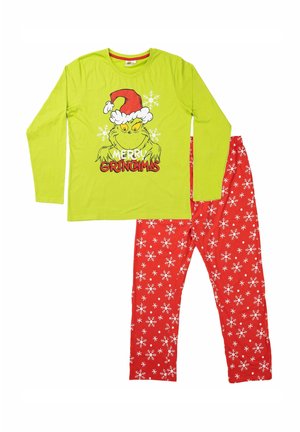 Kinder-Weihnachtspyjama mit grünem Langarmshirt mit dem Grinch im Nikolaushut und roten Hosen, verziert mit weißen Schneeflocken.