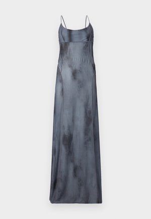 Dolga, satenska obleka brez rokavov v zamejenih sivi barvi z tankimi naramnicami, ki se ponaša s krožnimi šivi in gladko, rahlo odsevnico.