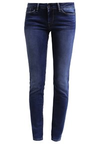 Dark blue slim-fit denim jeans with front button and zipper closure, front and back pockets, and subtle fading on thighs and knees.
