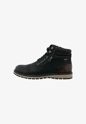 Stivale alla caviglia in pelle nera con punta tonda, lacci frontali, cerniera laterale e dettagli in pelle marrone. Collo testurizzato per un comfort aggiuntivo.