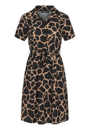 Short-sleeve dress with a button front, beige and black giraffe print, cinched waist with a tie belt, and a collared neckline.