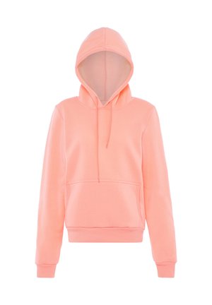Lichtroze hoodie met lange mouwen, voorkangoeroezak en capuchon met trekkoord, weergegeven op een witte achtergrond.