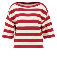 Rot- und cremefarbener gestreifter Kurzarmpullover mit weit ausgeschnittenem Hals. Strukturiertes Strickmaterial und lockere Passform. Horizontale Streifen sind gleichmäßig angeordnet.