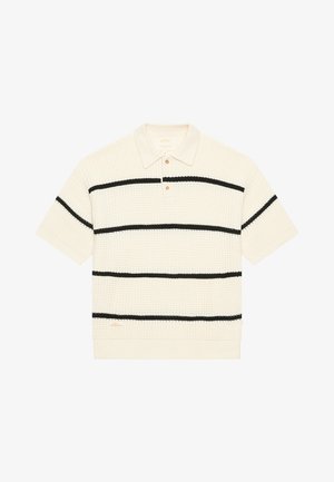 Kortermet polo skjorte, vaffeltekstur, kremfarge med svarte horisontale striper, tre-knappers knappestolpe, ribbet krave og kant.