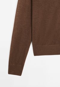 Brun stickad tröjas ärm och fåll mot en enkel vit bakgrund.