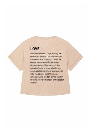 Beige short-sleeve t-shirt featuring large black text on the back, defining "Love" with multiple sentences of description.