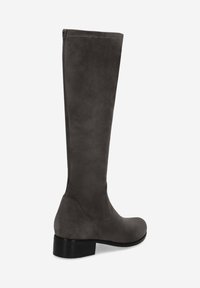 Knöchelhoher grauer Wildlederstiefel mit schlanker Silhouette, runder Zehenform und niedrigem Blockabsatz. Verfügt über eine glatte Textur und minimale Nähte.