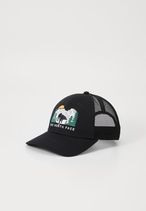 Boné preto com aba curva, parte de trás em rede e design bordado apresentando montanhas, árvores e um urso. O texto diz "THE NORTH FACE."