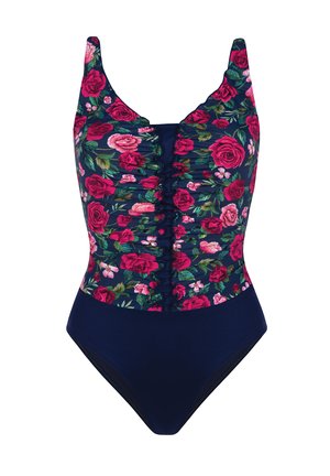 Jednoczęściowy strój kąpielowy z kwiatowym wzorem różowych i czerwonych róż na granatowym tle, z marszczeniami i jednolitym granatowym dołem.