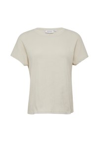 Camiseta de manga corta y cuello redondo hecha de una tela texturizada y ligera en un color beige claro. Diseño simple sin patrones o acentos adicionales.