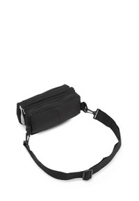 Sac à épaule noir isolé avec deux compartiments zippés et une bandoulière réglable. Présente une texture lisse et une forme rectangulaire.