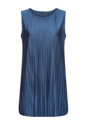 Sleeveless blue metallic pleated top with round neckline, featuring vertical texture and a slightly flared hem.
