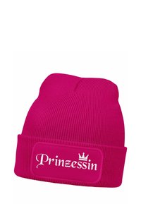 Fuchsia knit beanie with a folded cuff, featuring a white "Prinzessin" logo and crown graphic on a rectangular patch.