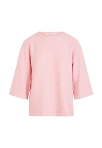 Pull léger rose avec un col rond, des manches trois-quarts et une coupe décontractée. Fabriqué en tissu doux avec une texture lisse.