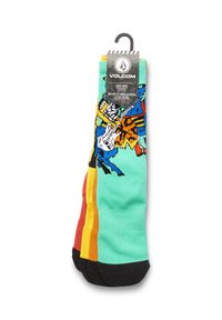 Chaussettes de crew Volcom avec un fond turquoise, un bout et un talon noirs, des graphismes multicolores audacieux, et une étiquette suspendue avec des informations sur la marque.