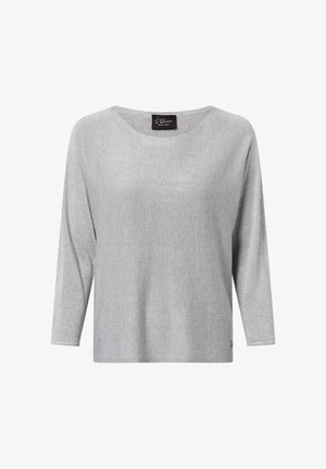 Light grey sweater with three-quarter length sleeves, a loose fit, and a subtle texture. Features a round neckline and a small logo label.