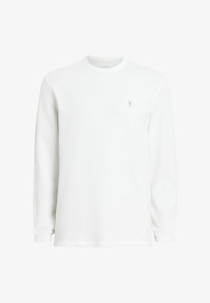 Felpa bianca in cotone a maniche lunghe con collo tondo, texture a coste e piccolo logo grigio sul petto. Design semplice e classico.