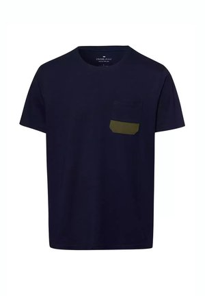 Navy blue cotton t-shirt with a round neckline and short sleeves. Features a rectangular olive green chest pocket. Simple design, no patterns.