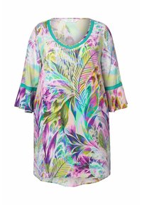 Kortärmad topp med rundad halsringning. Har ett livligt, flerfärgat tropiskt lövmönster på en ljus bakgrund. Lättvikts tyg.